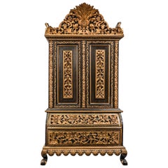 19th Century Anglo-Indian Period Raj Black Floral Carved Golded Wood Cabinet