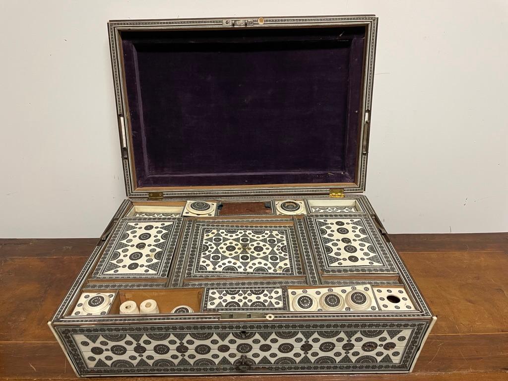 19th Century Anglo-Indian Sadeli Inlaid Work Box Traveling Writing Desk For Sale 1