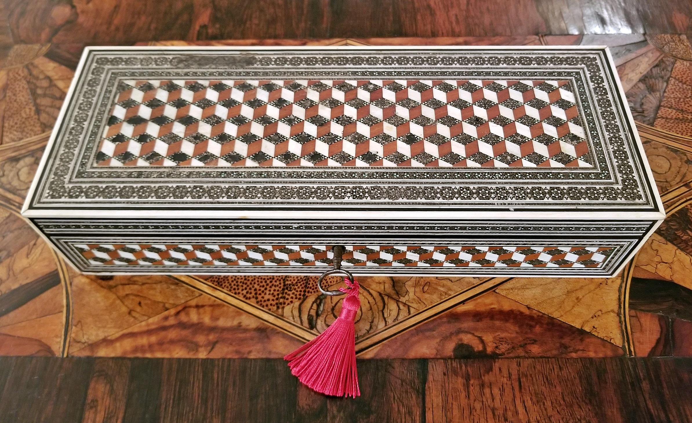 19th Century Anglo Indian Sadeli Mosaic and Tumbleblock Pattern Glove Box 9