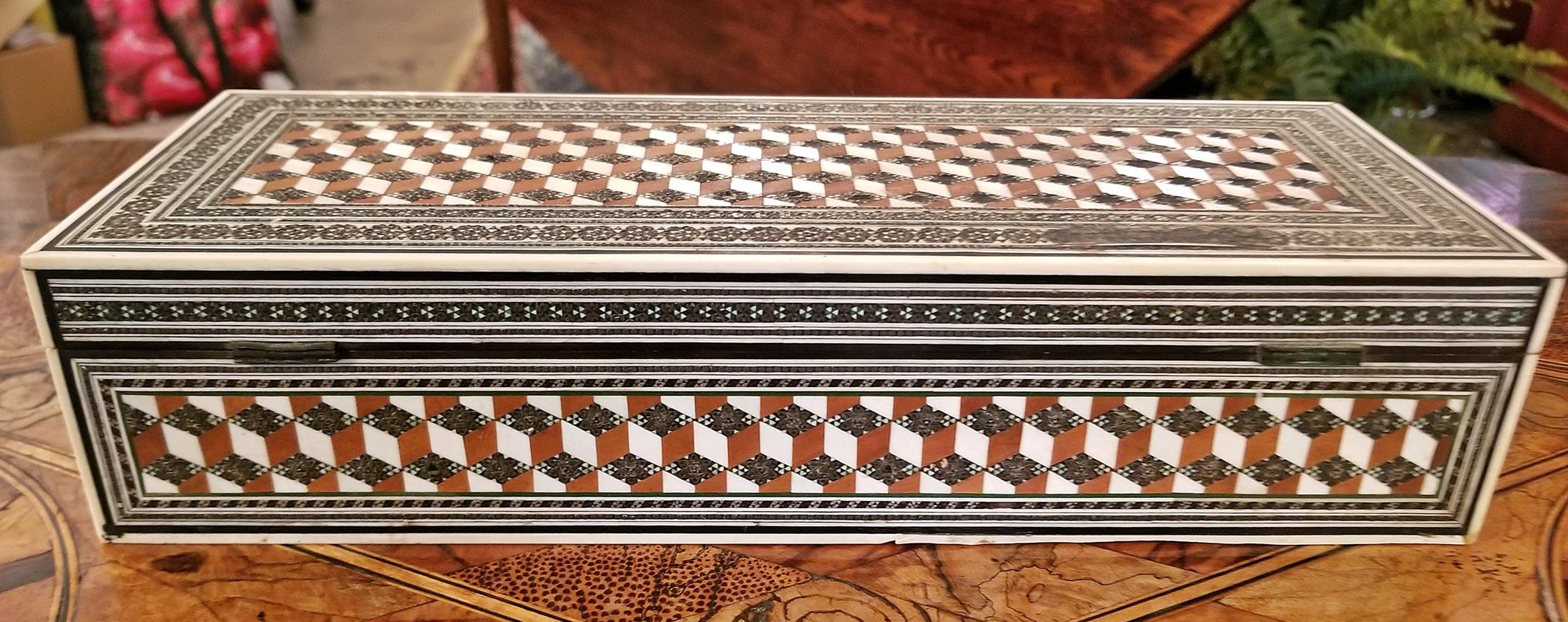 19th Century Anglo Indian Sadeli Mosaic and Tumbleblock Pattern Glove Box 2