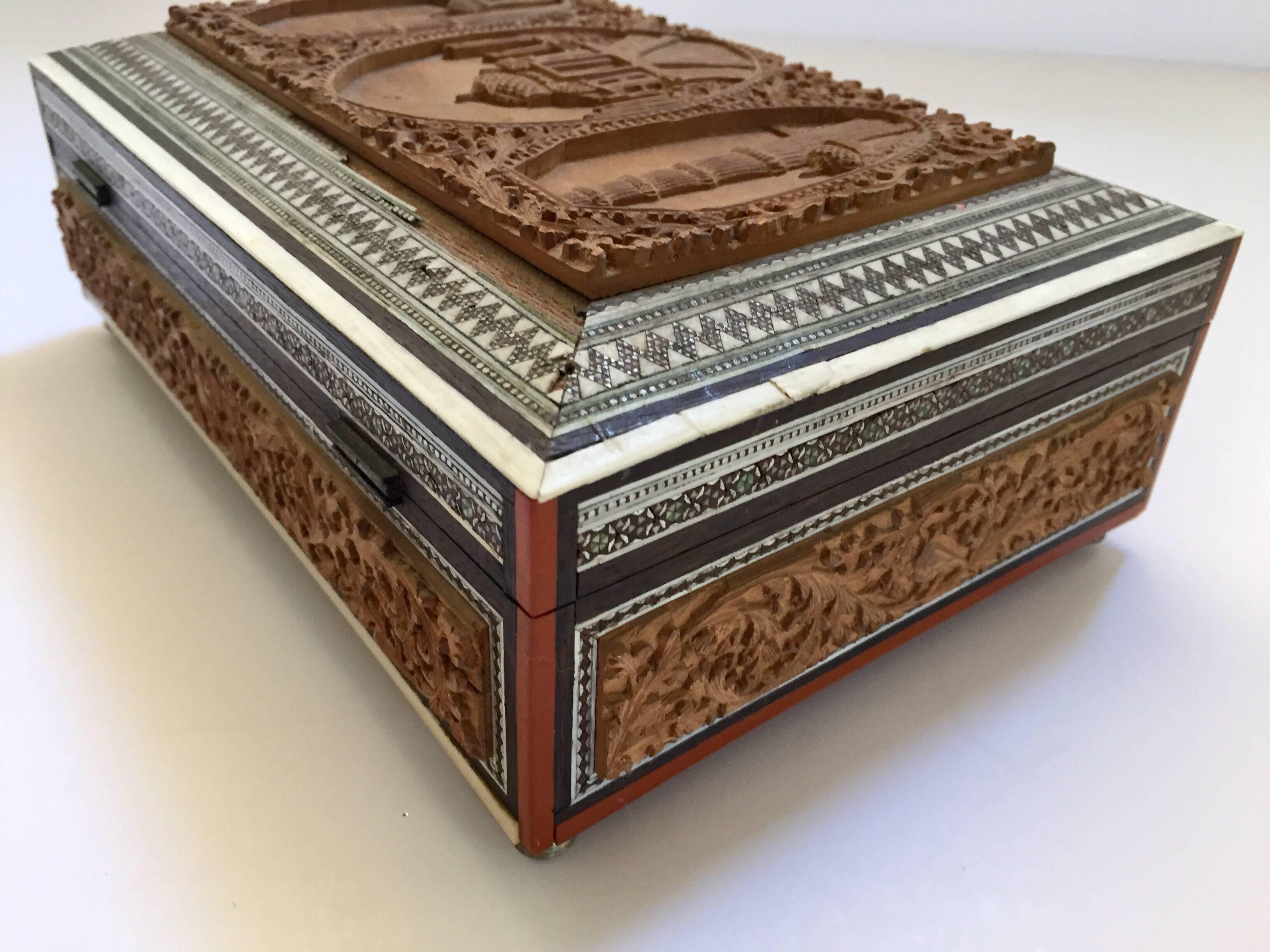 19th Century Anglo-Indian Sadeli Mosaic Jewelry Box with Lidded Compartments For Sale 3