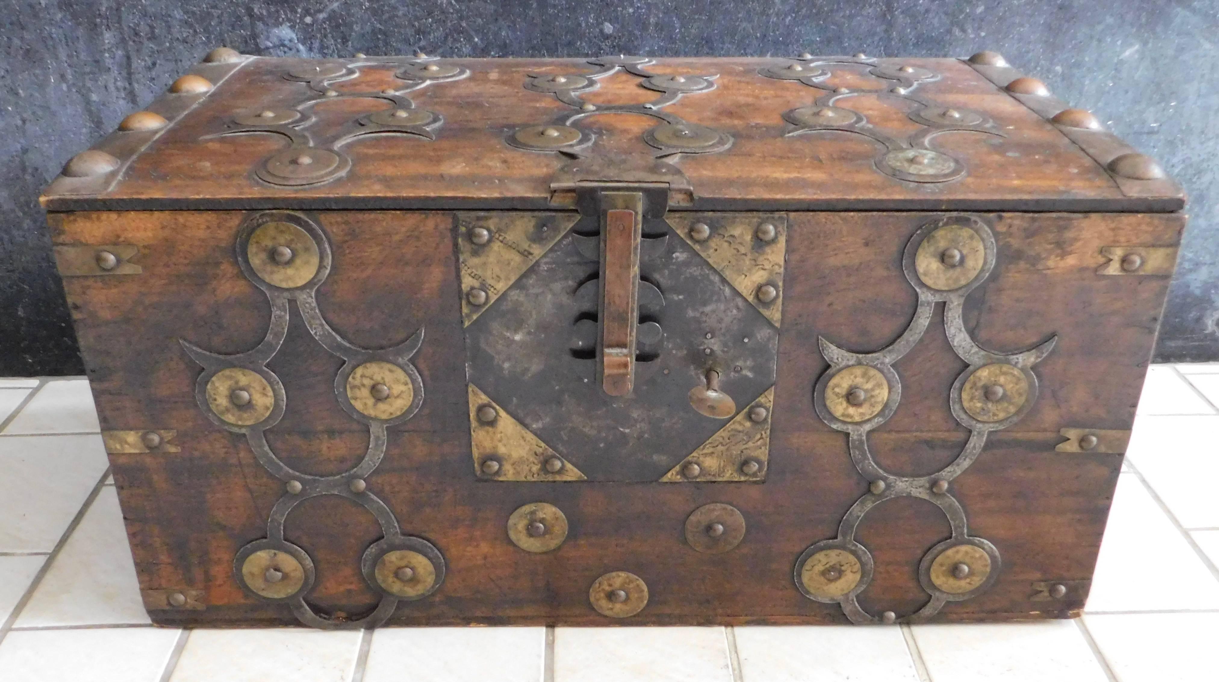19th Century Anglo Indian NauticaSea Trunk with Brass and Iron Decorative Mounts 5