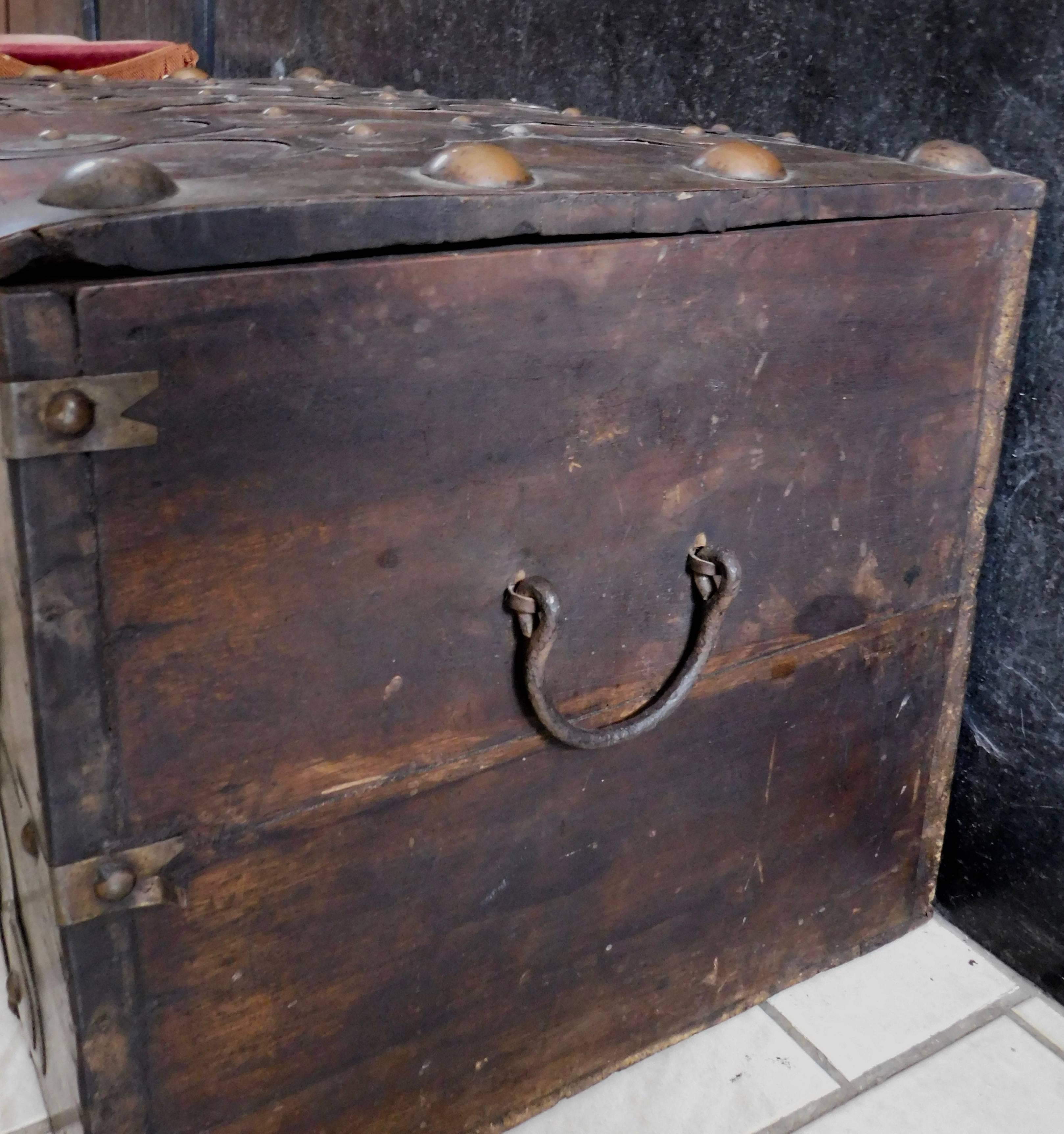 Teak 19th Century Anglo Indian NauticaSea Trunk with Brass and Iron Decorative Mounts