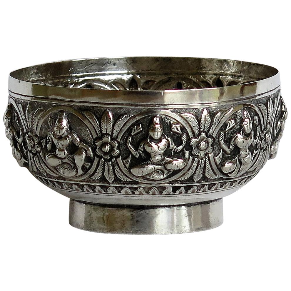 19th Century Anglo Indian Solid Silver small Bowl hand made with chased Dieties For Sale