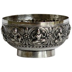 19th Century Anglo Indian Solid Silver small Bowl hand made with chased Dieties