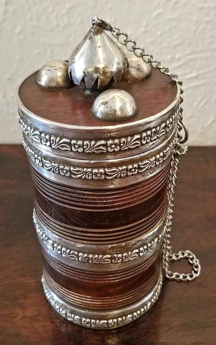 Sterling Silver 19th Century Anglo-Indian Spice or Tea Caddy with Silver Mounts For Sale