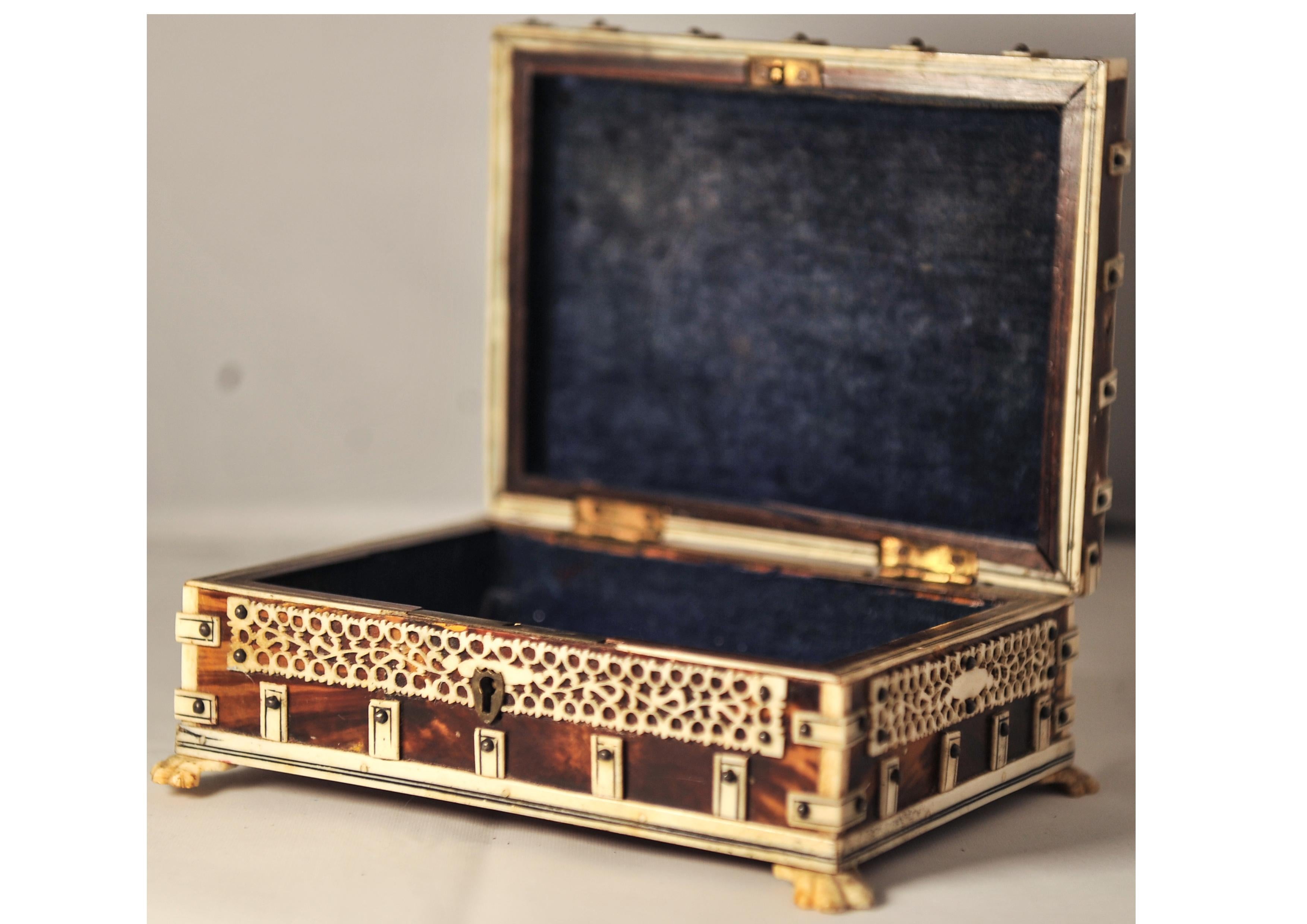 Moroccan 19th Century Moorish Tortoiseshell and Bone Blue Velvet Lined Trinket Box For Sale