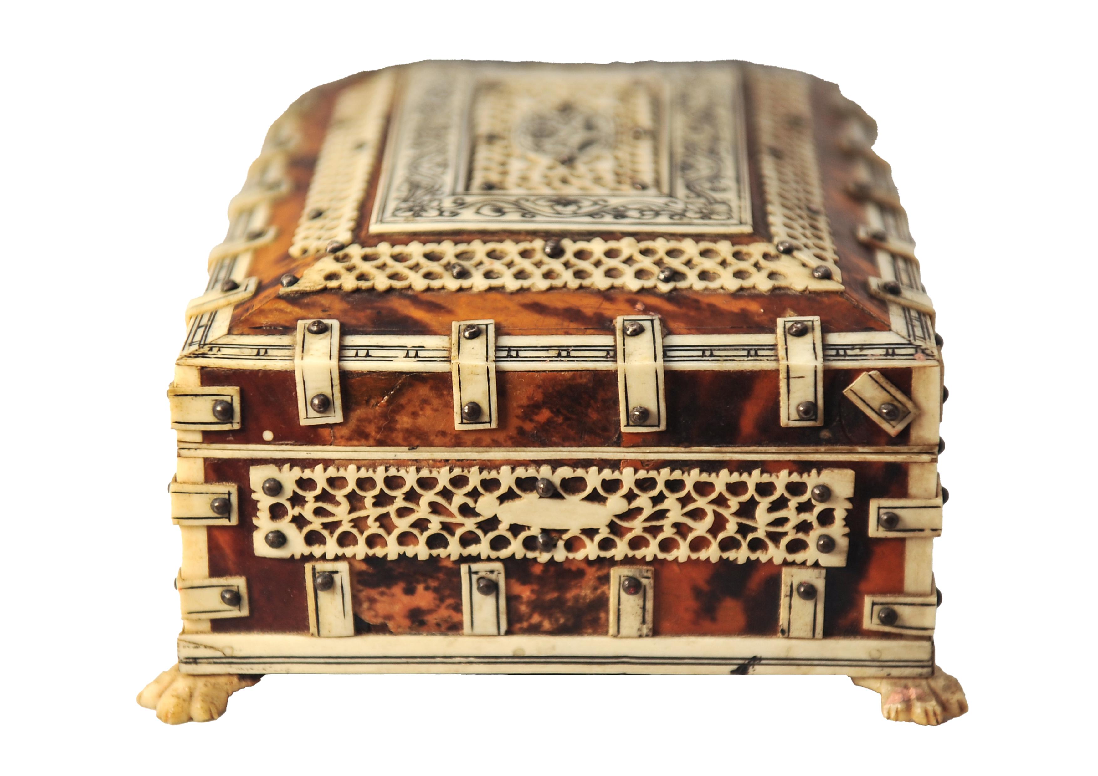 19th Century Moorish Tortoiseshell and Bone Blue Velvet Lined Trinket Box For Sale 1
