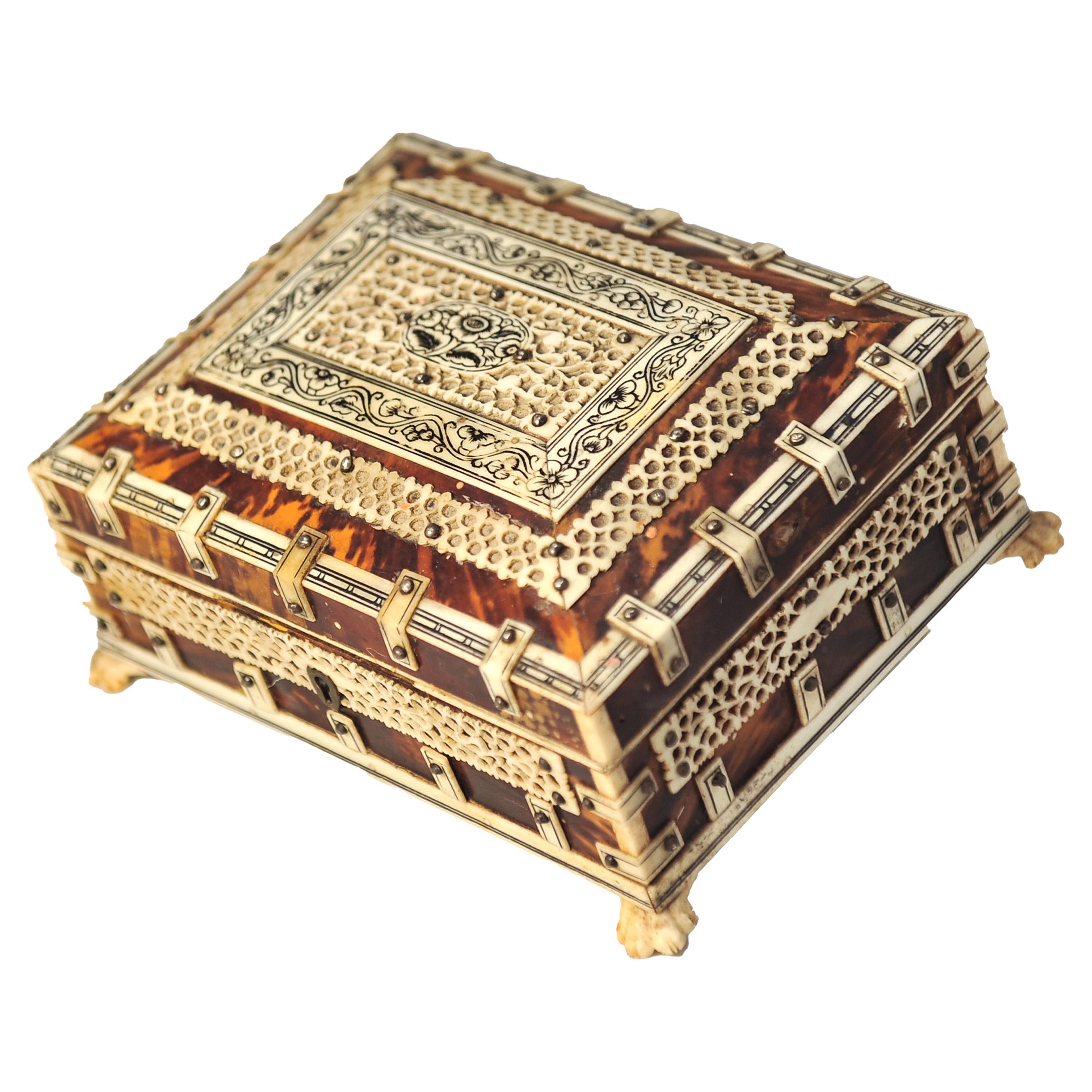 19th Century Moorish Tortoiseshell and Bone Blue Velvet Lined Trinket Box For Sale