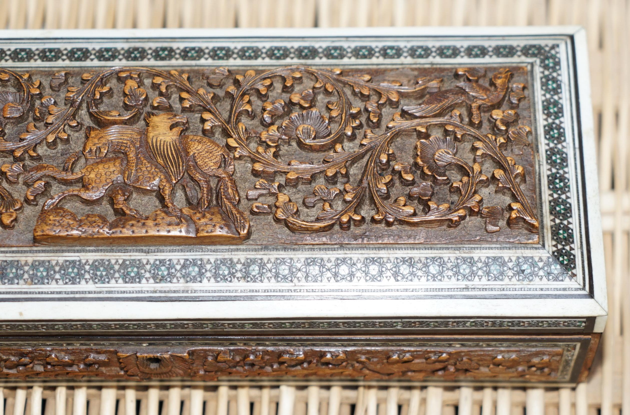 Hand-Crafted 19th Century Anglo Indian Vizagapatam Carved Sandalwood Box Micro Mosaic Inlays For Sale