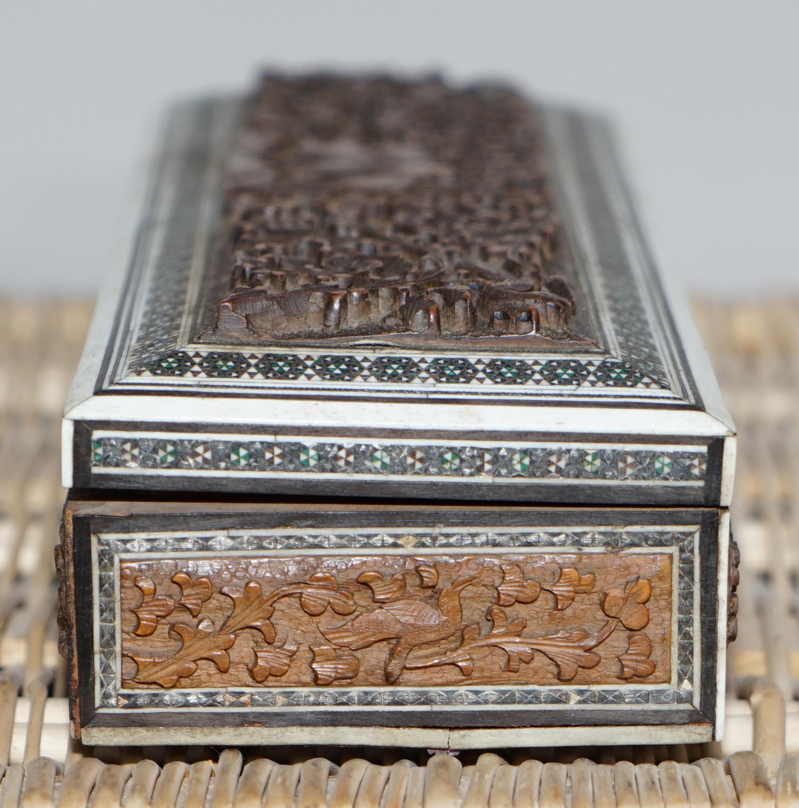 Wood 19th Century Anglo Indian Vizagapatam Carved Sandalwood Box Micro Mosaic Inlays For Sale