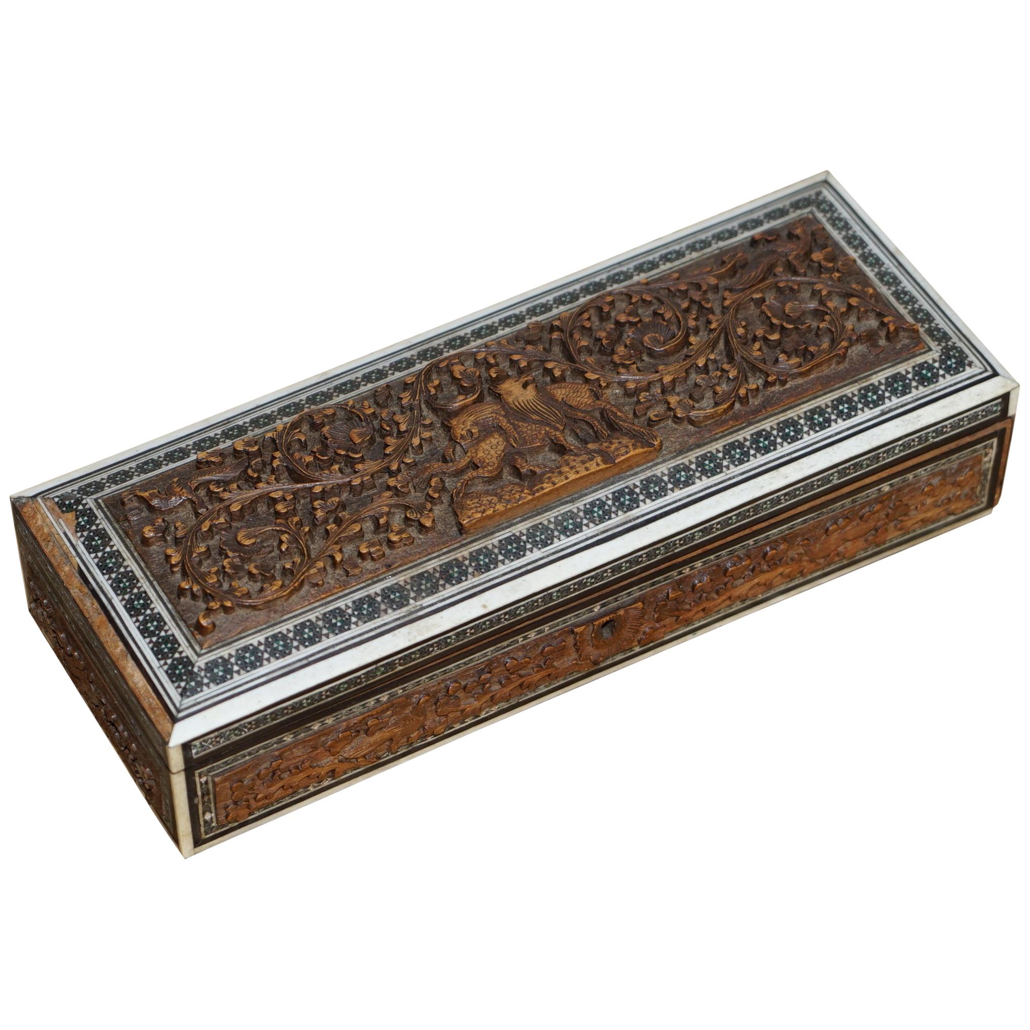 19th Century Anglo Indian Vizagapatam Carved Sandalwood Box Micro Mosaic Inlays For Sale