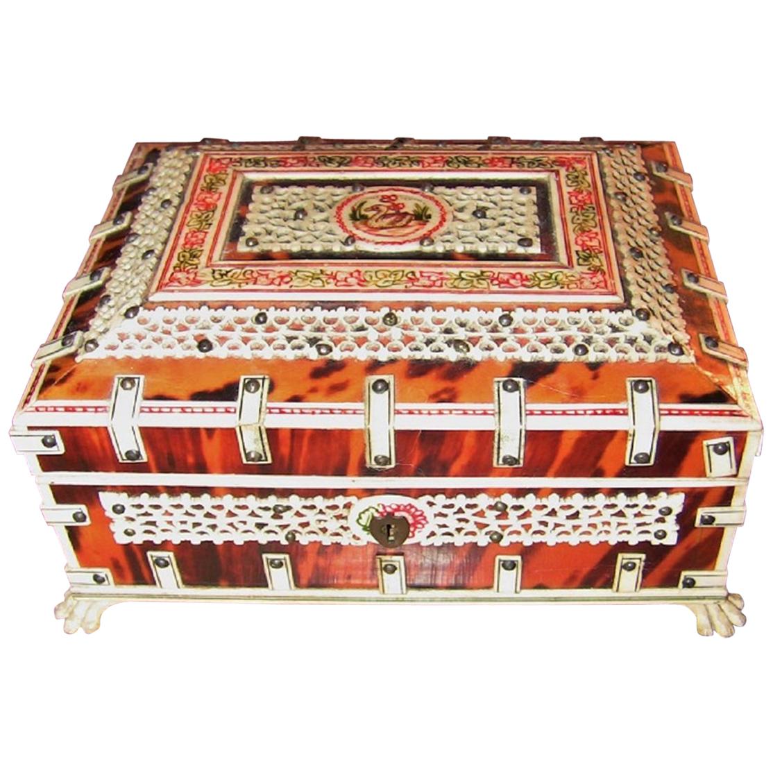 19th Century Anglo-Indian Vizagapatam Shell and Colored Bone Trinket Box