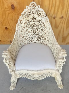 19th Century Anglo-Indian White Lacquered Carved & Pierced Lion Motif Arm Chair