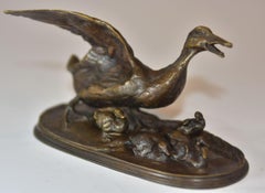 19th Century Animal Bronze "Duck With Its 6 Ducklings" by P.J Mêne