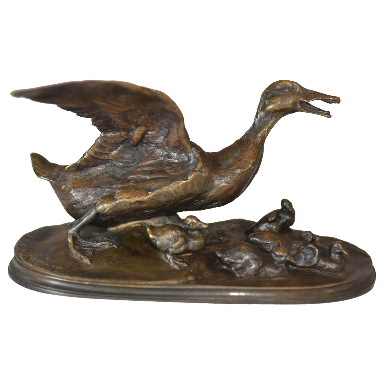 19. Jahrhundert Tierbronze "Ente mit ihren 6 Entenküken" von P.J Mêne