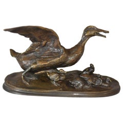 19th Century Animal Bronze "Duck With Its 6 Ducklings" by P.J Mêne