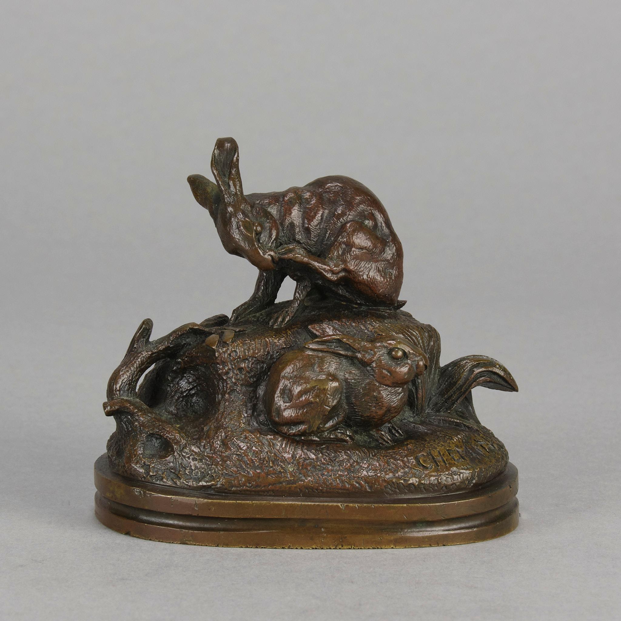 Tierier-Bronze des 19. Jahrhunderts mit dem Titel „Pair of Rabbits“ von Victor Chemin (Art nouveau) im Angebot