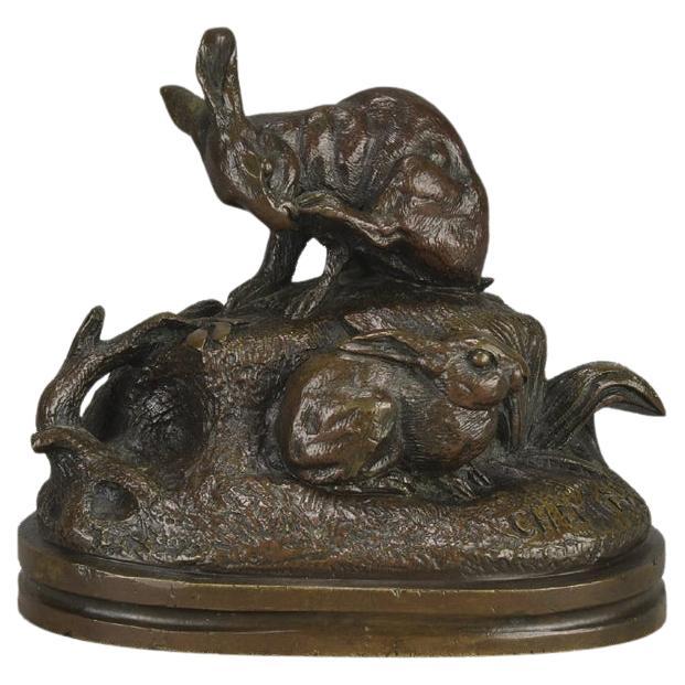 Bronze animalier du 19ème siècle intitulé « Paire de lapins » par Victor Chemin