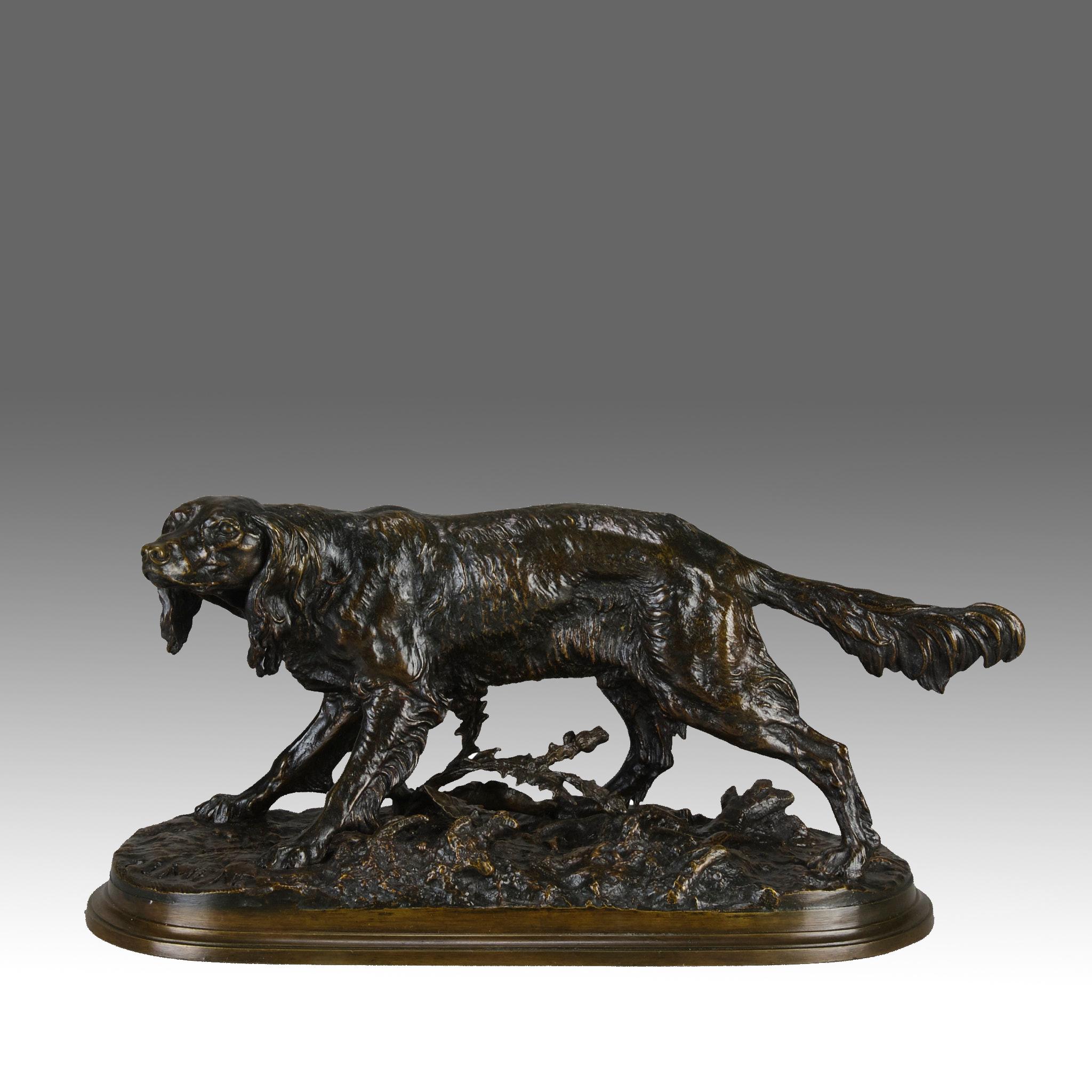 An excellent mid 19th Century Animalier bronze study of a setter in an alert turning pose with very fine rich brown patina and intricate hand chased surface detail, raised on naturalistic base, signed P J Mêne

ADDITIONAL INFORMATION
Height:        