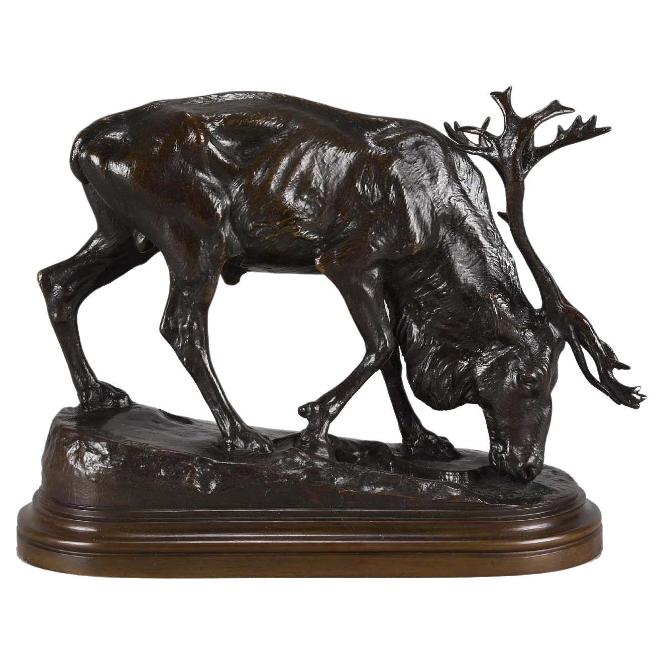 Escultura de bronce animalier del siglo XIX titulada "Reno" de Isidore Bonheur