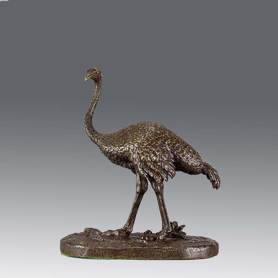 A very rare late 19th Century French Animalier bronze study of a standing ostrich, the detailed feathering chased with extremely fine precision, the flightless giant bird modelled with perfect realism and character, raised on a naturalistic