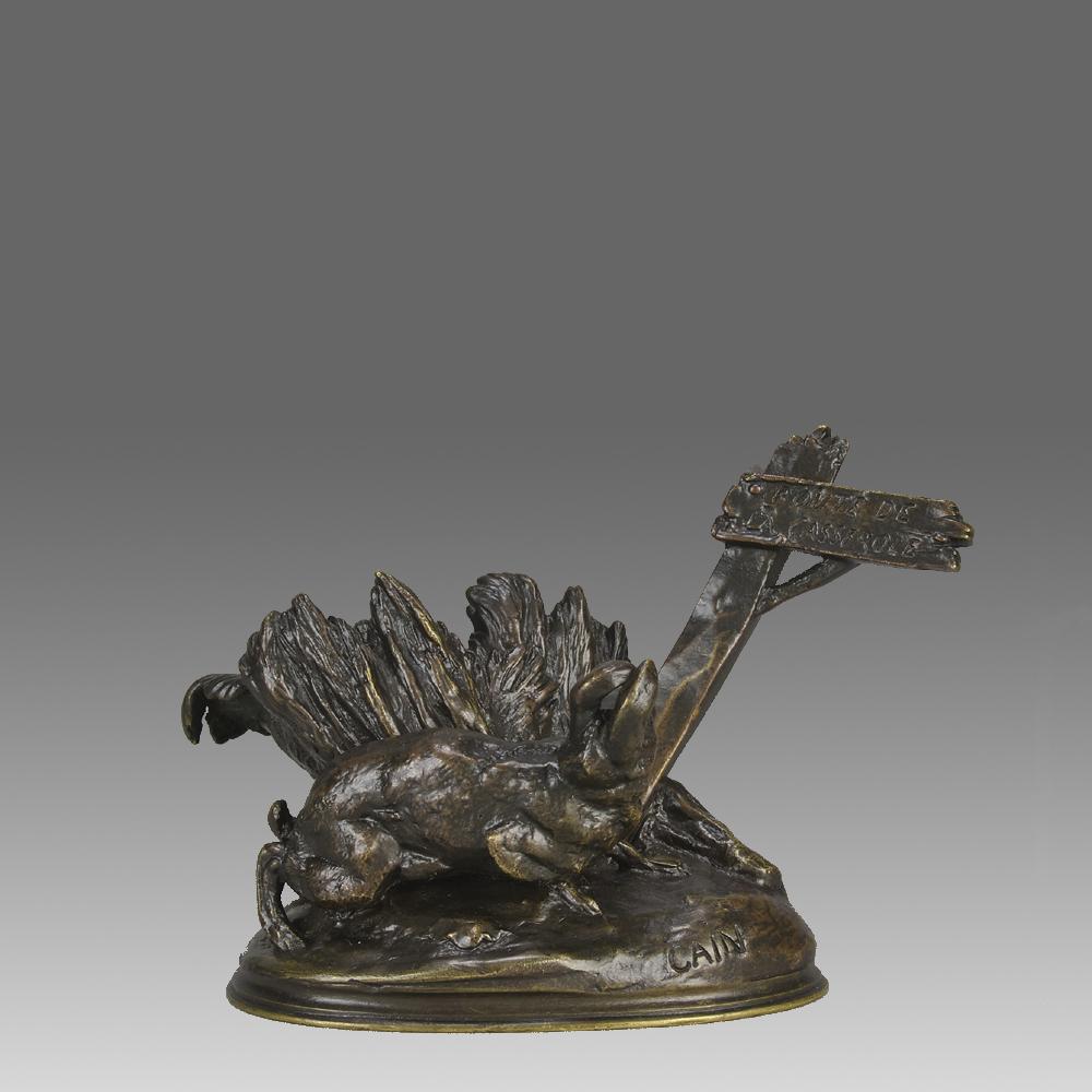 Eine humorvolle Bronzestudie eines Kaninchens aus dem späten 19. Jahrhundert, das besorgt feststellt, dass ein Wegweiser es in eine Kasserolle führen könnte. Die Oberfläche der Bronze mit exzellentem handziseliertem Detail und feiner, satter Farbe