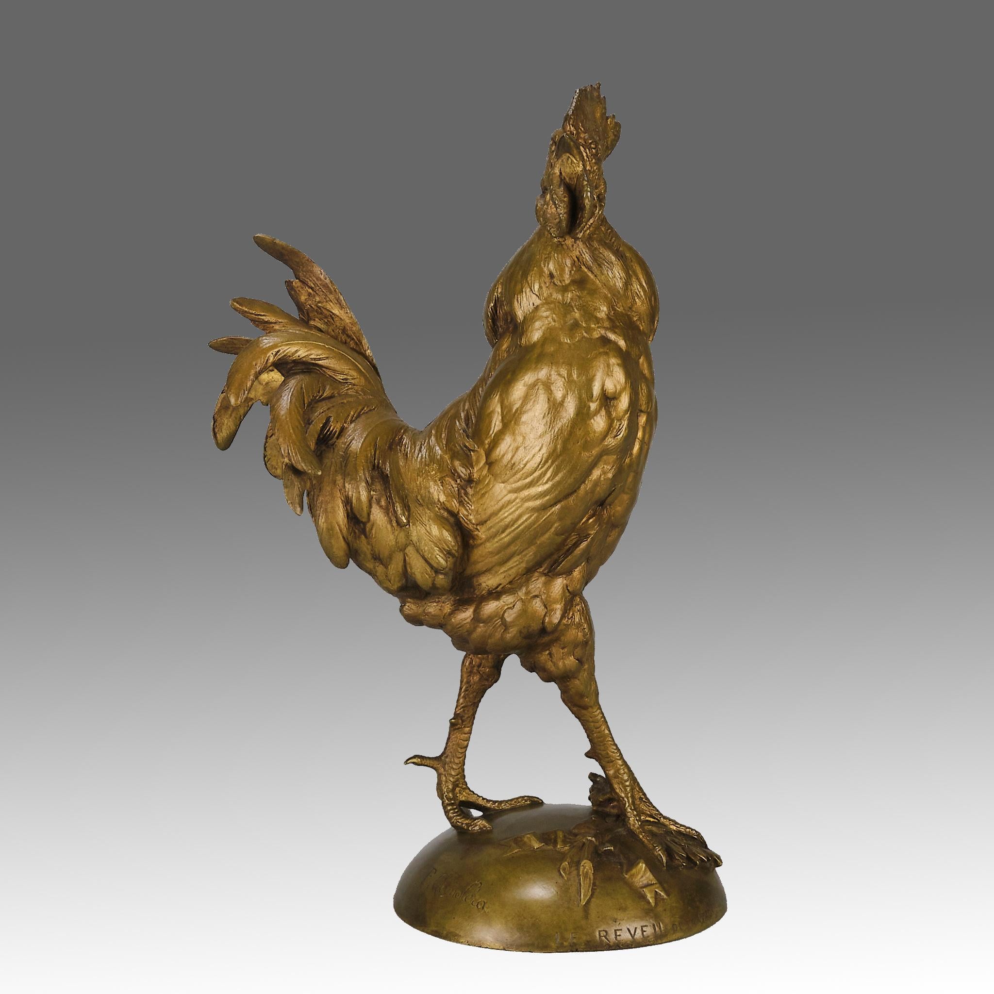 A very fine large late 19th Century Animalier gilt bronze study of a standing cockerel with his chest pushed out in a proud pose as he crows to the eraly morning sunshine, the bronze surface with excellent deep golden colour and fine hand finished