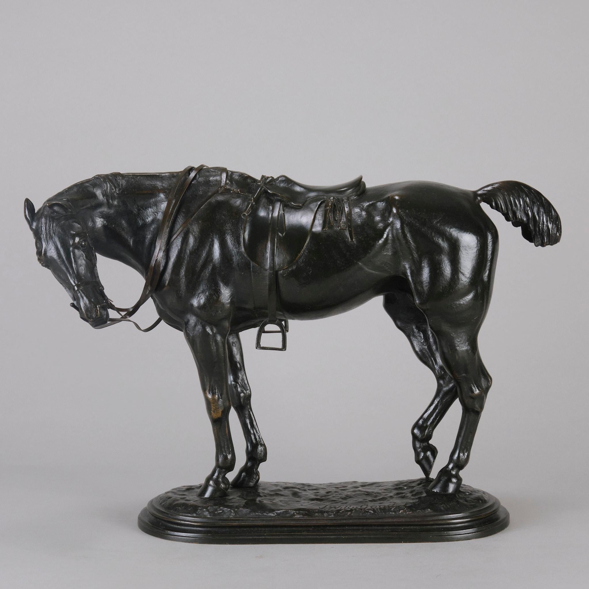 An excellent late 19th century English Animalier bronze study of a tried hunter in full tack taking a break with his neck turned and back leg rested. The bronze exhibiting very fine hand chased surface detail and wonderful rich brown patina, raised