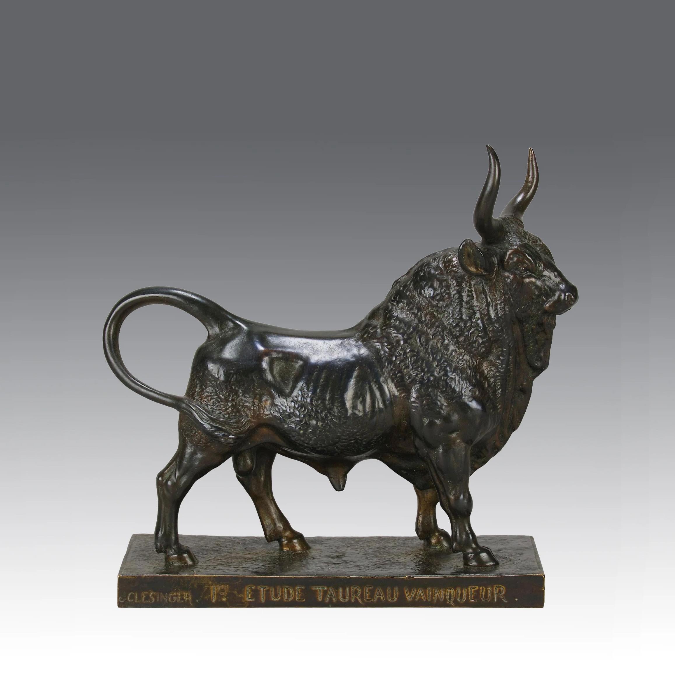 An impressive late 19th century French bronze study of a majestic bull with standing in a proud stance exhibiting excellent hand chased surface detail and fine rich brown patina. Raised on an integral base, signed Clesinger, titled and with foundry