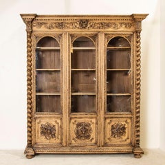 19th Century Antique 8' Tall Carved Bleached Oak Bookcase Display Cabinet from F