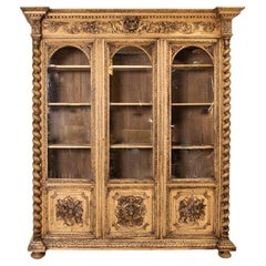 19th Century Antique 8' Tall Carved Bleached Oak Bookcase Display Cabinet from F