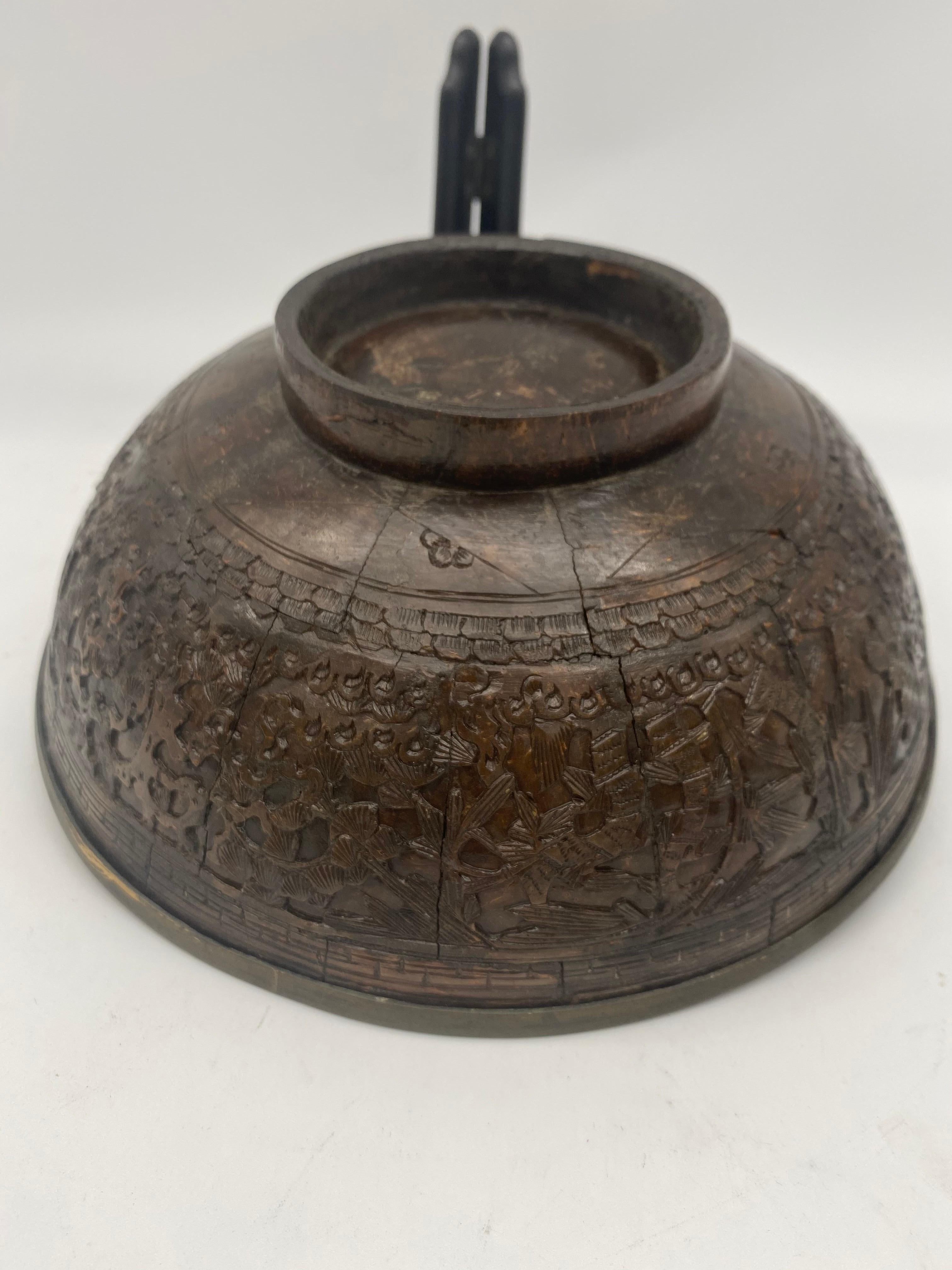 Carved 19th Century Antique Chinese Inlay Tin Coconut Big Bowl For Sale