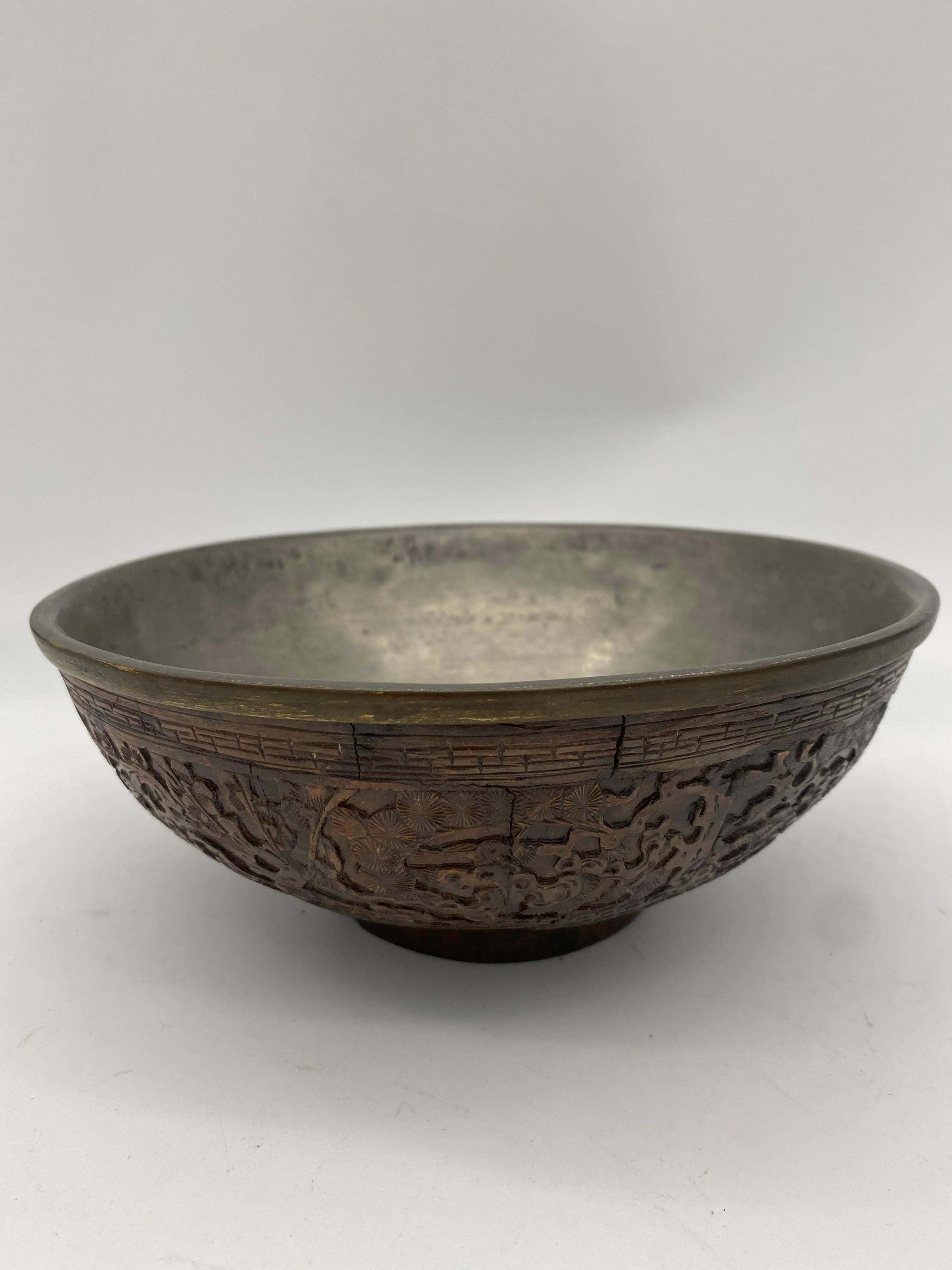 19th Century Antique Chinese Inlay Tin Coconut Big Bowl For Sale 2
