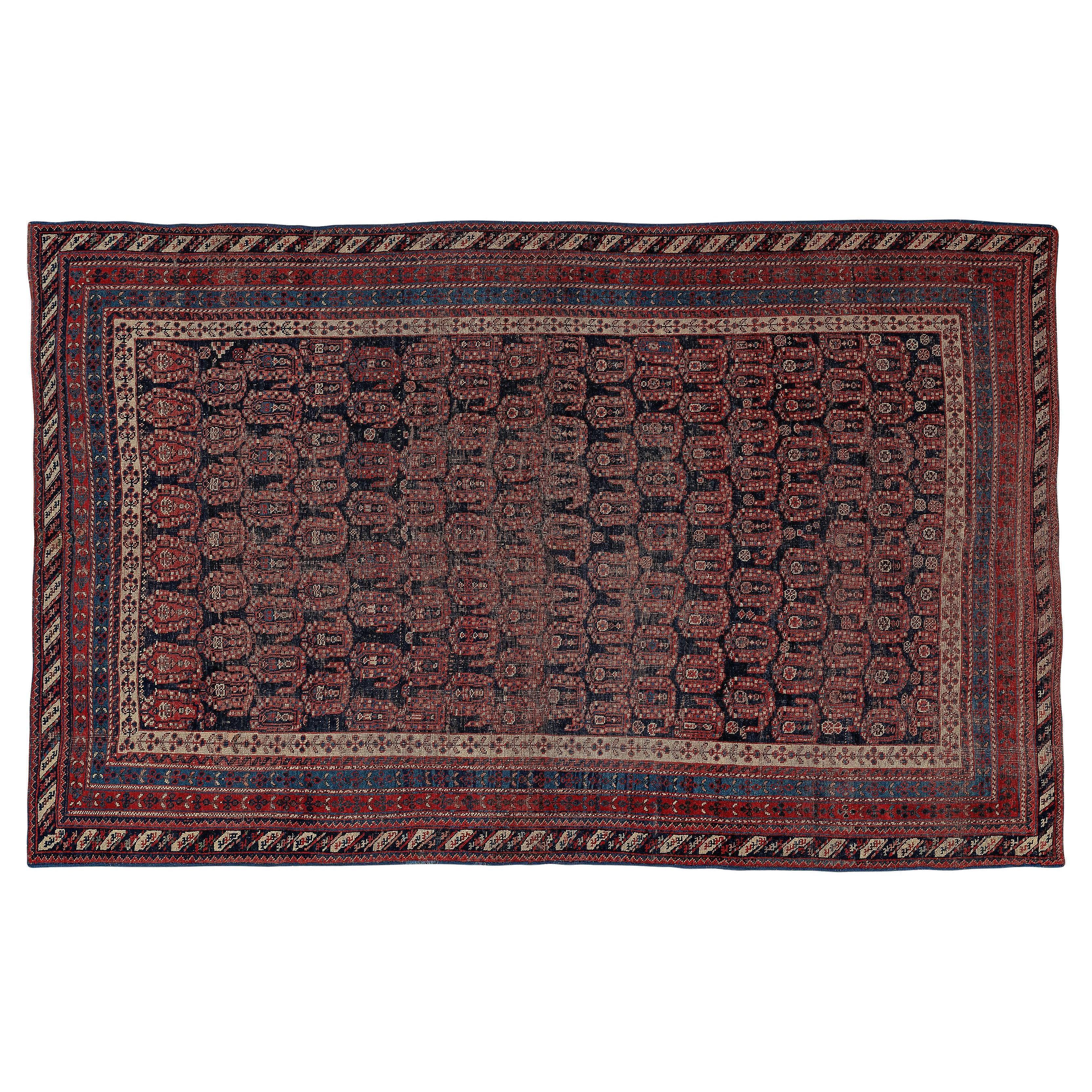 Annodato a mano Antique Afshar Carpet with Dark Ground + Geometric Details and Repeating Motifs in vendita