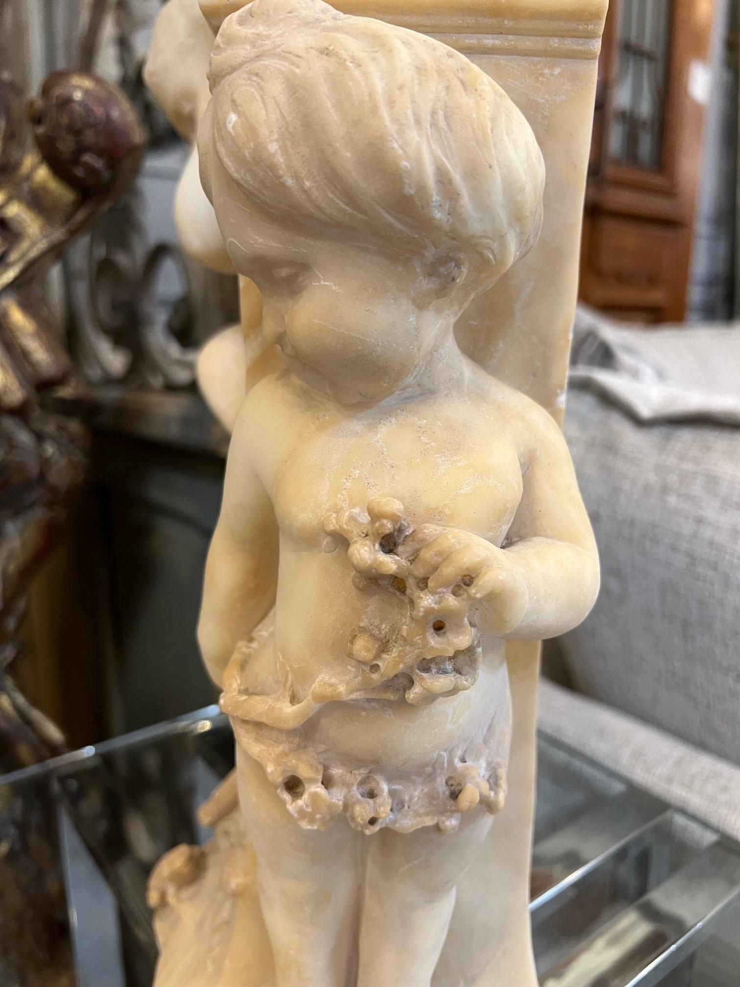 19Th Century Antique Alabaster Bust of Pan on Pedestal with Children Sculpture  For Sale 4