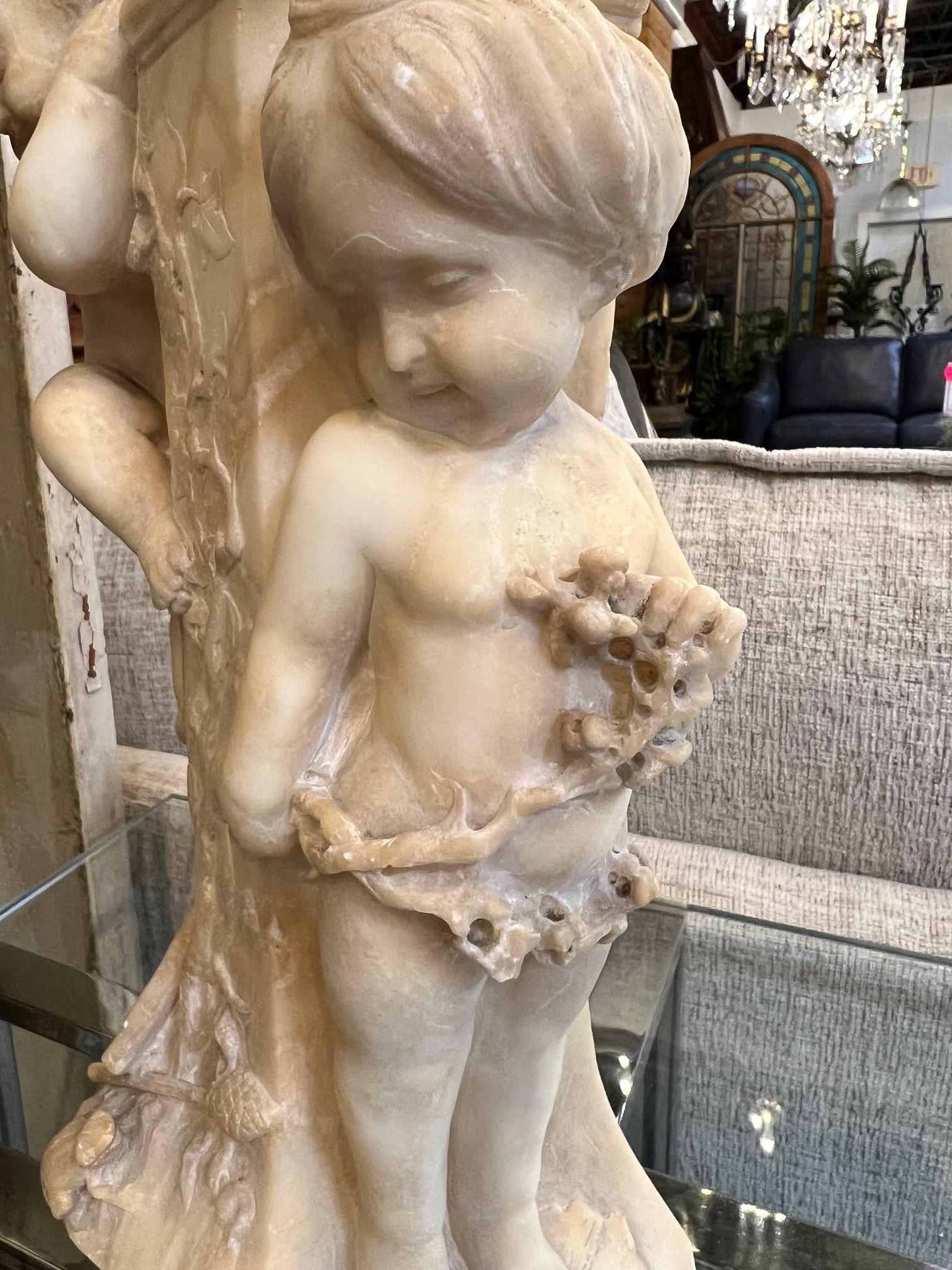 19Th Century Antique Alabaster Bust of Pan on Pedestal with Children Sculpture  For Sale 7