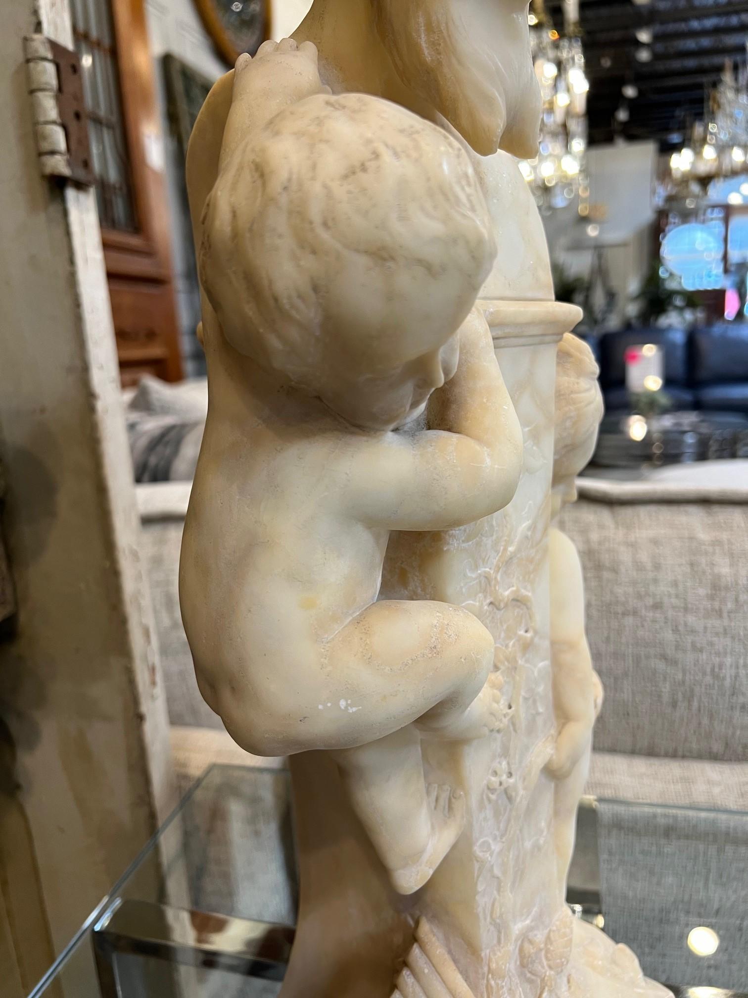 19Th Century Antique Alabaster Bust of Pan on Pedestal with Children Sculpture  For Sale 8