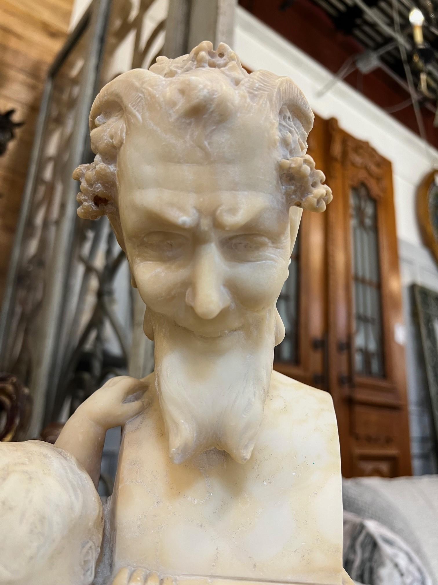 Italian 19Th Century Antique Alabaster Bust of Pan on Pedestal with Children Sculpture  For Sale