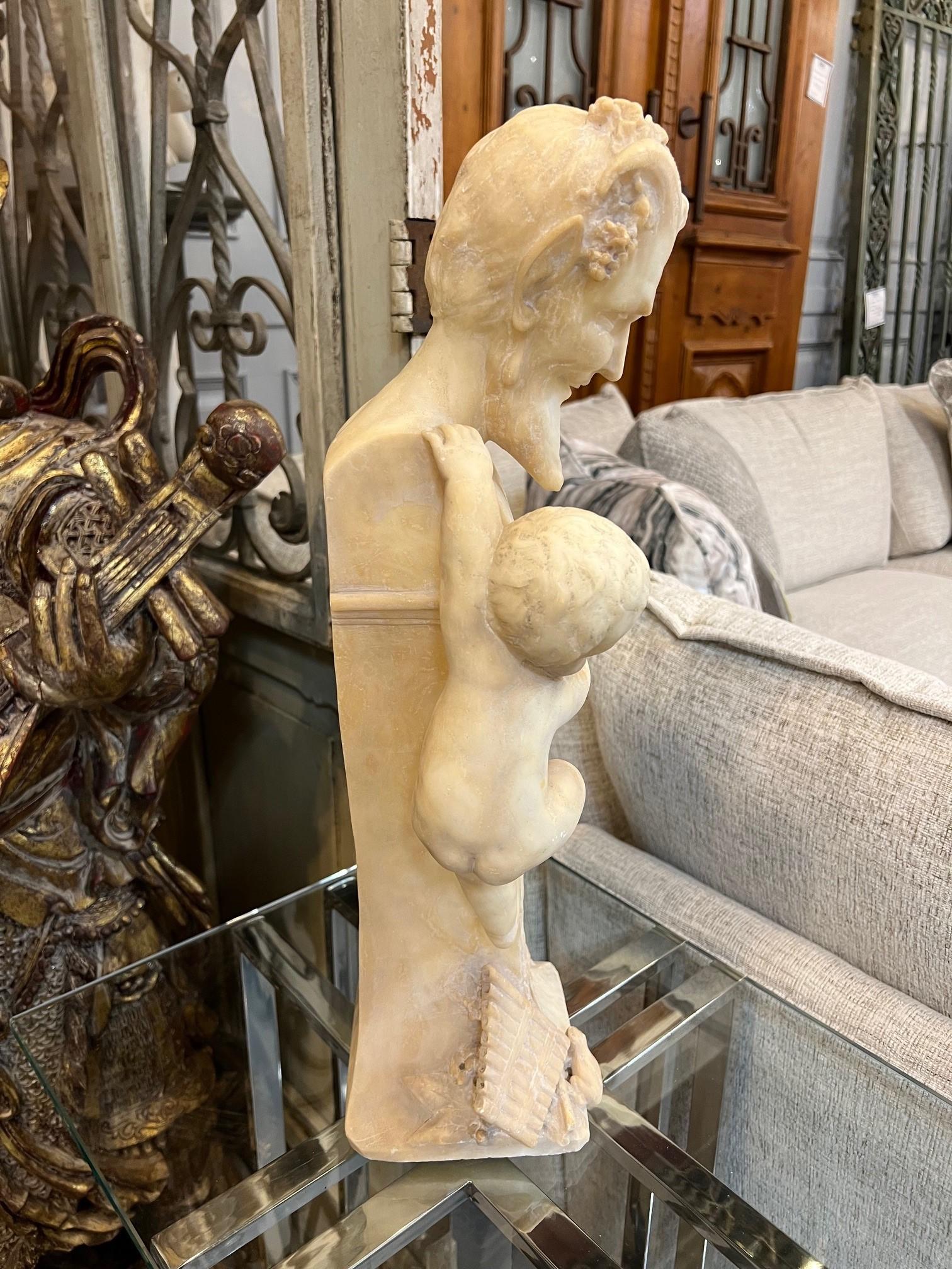 19Th Century Antique Alabaster Bust of Pan on Pedestal with Children Sculpture  For Sale 1
