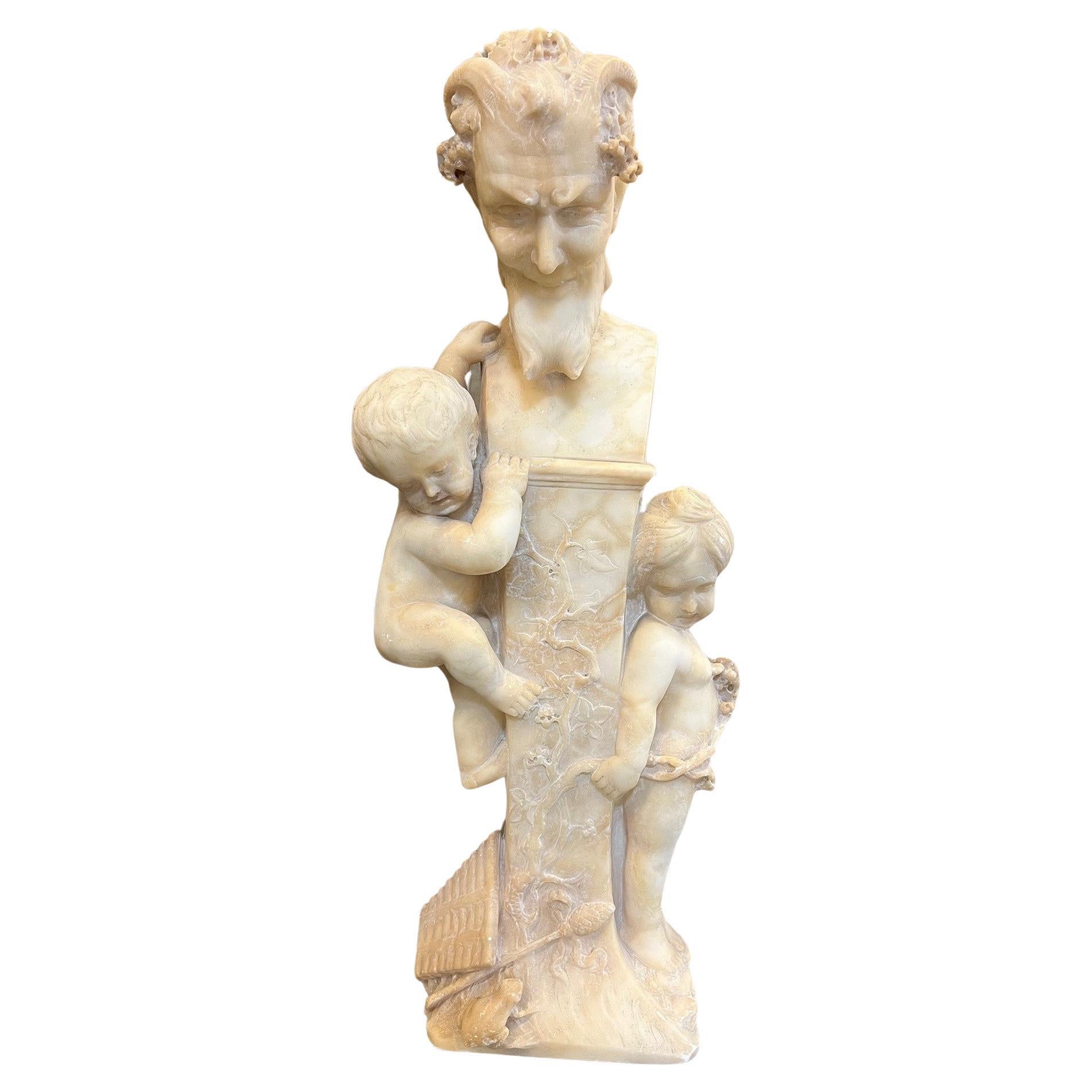 19Th Century Antique Alabaster Bust of Pan on Pedestal with Children Sculpture 