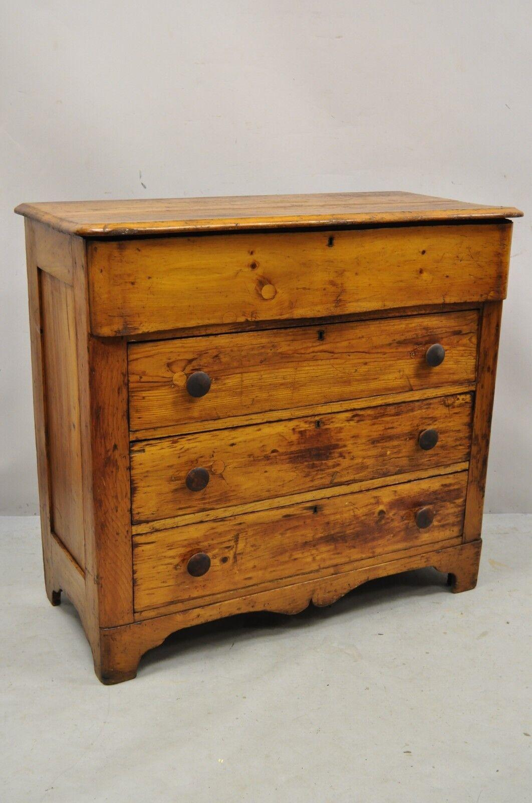 19th Century Antique American Primitive Colonial Pine 4 drawer chest of drawers dresser. Item features solid wood construction, beautiful wood grain, distressed finish, no key, but unlocked, 4 dovetailed drawers, very nice antique item, quality