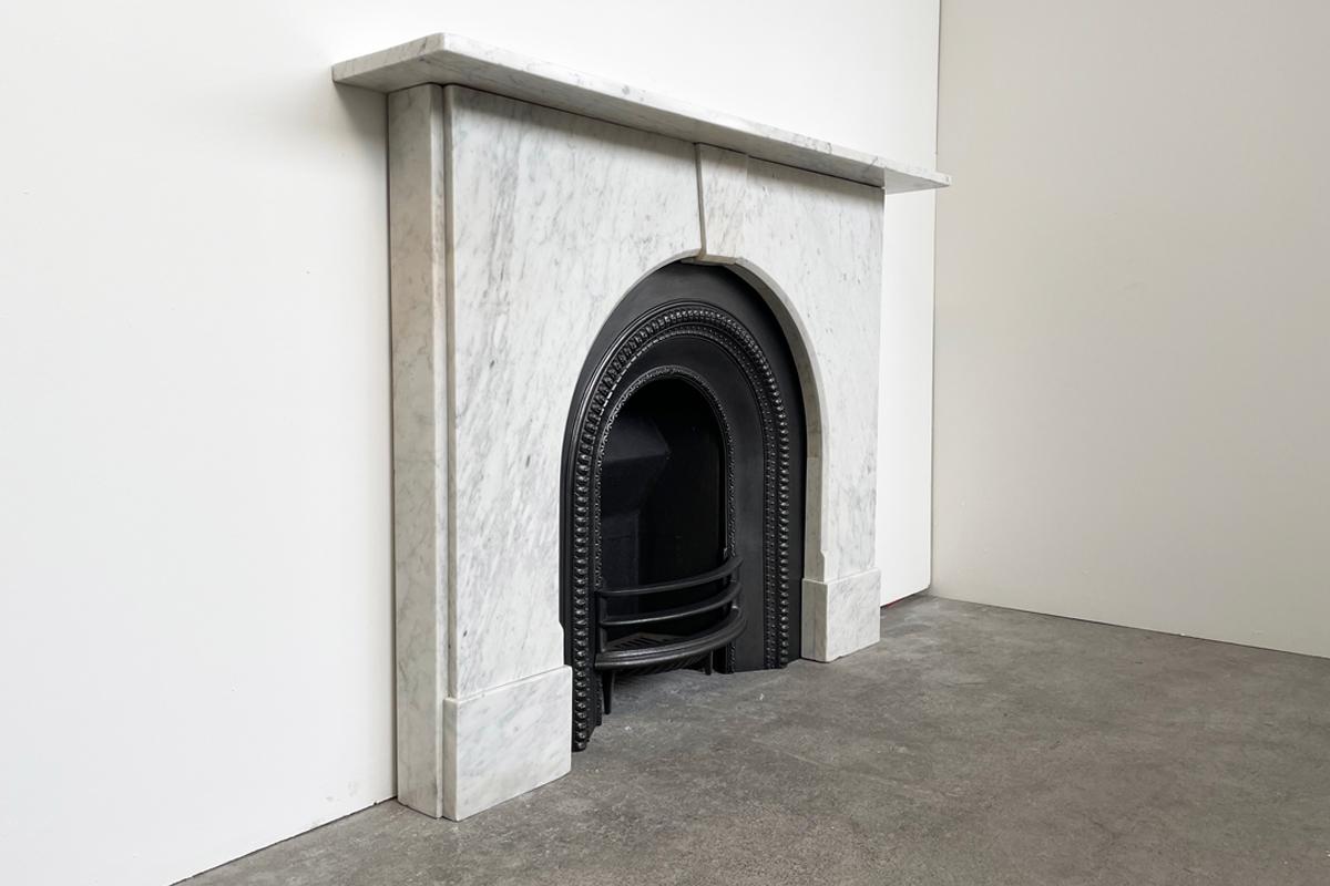 English 19th Century Antique arched Victorian Carrara marble fireplace surround
