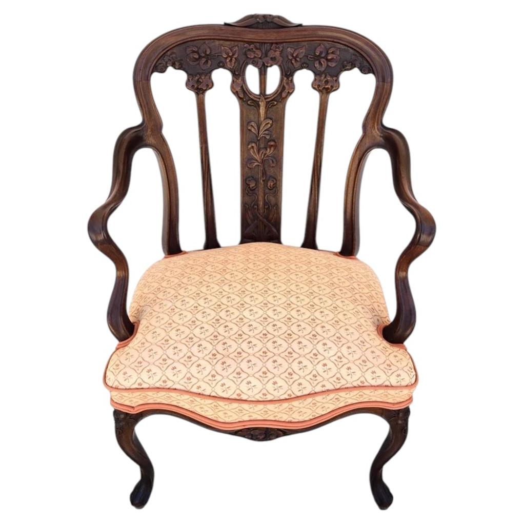 19th Century Antique Art Nouveau Edwardian Carved Walnut Armchair