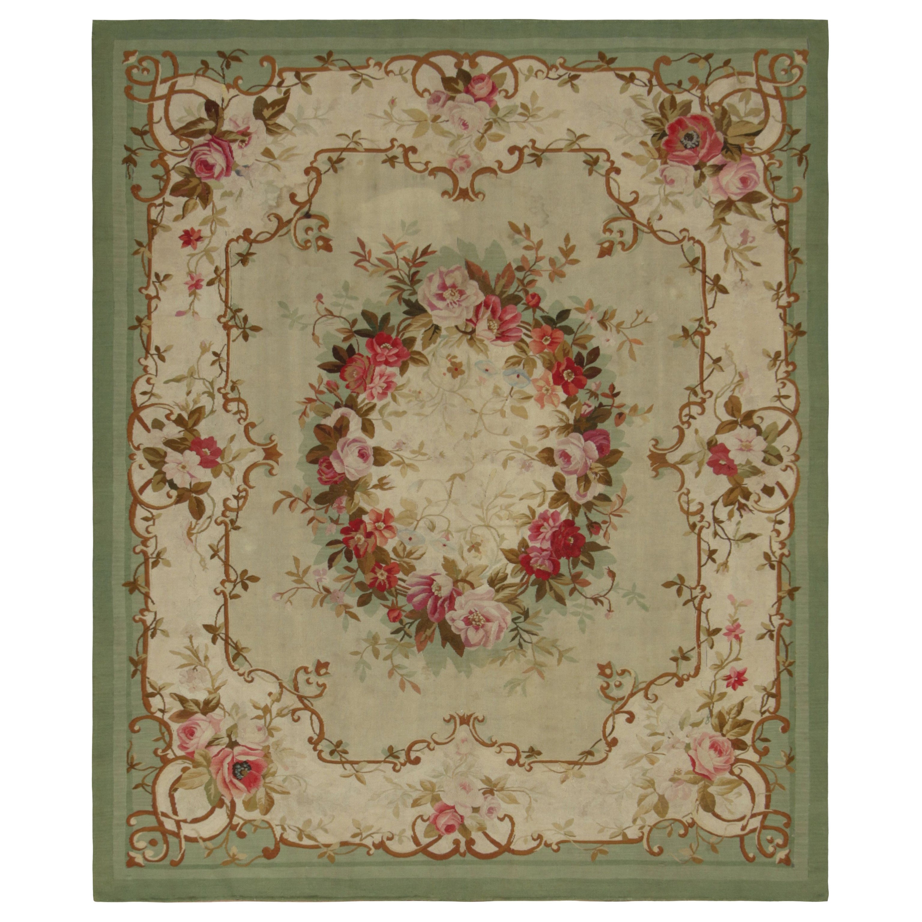 19th Century Antique Aubusson Rug, Floral Medallion in Light Green - Rug & Kilim