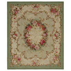19th Century Antique Aubusson Rug, Floral Medallion in Light Green - Rug & Kilim