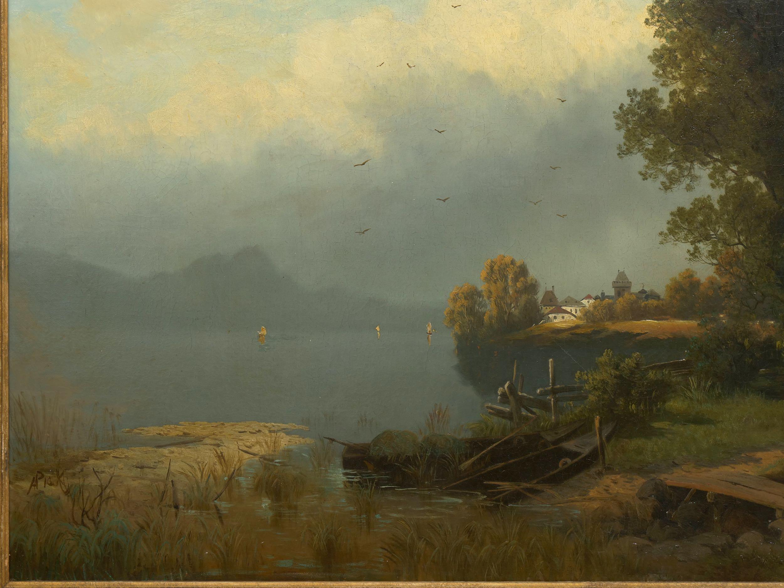 19th Century Antique Austrian Landscape Painting of Tyrol Lake by Anton Pick In Good Condition In Shippensburg, PA