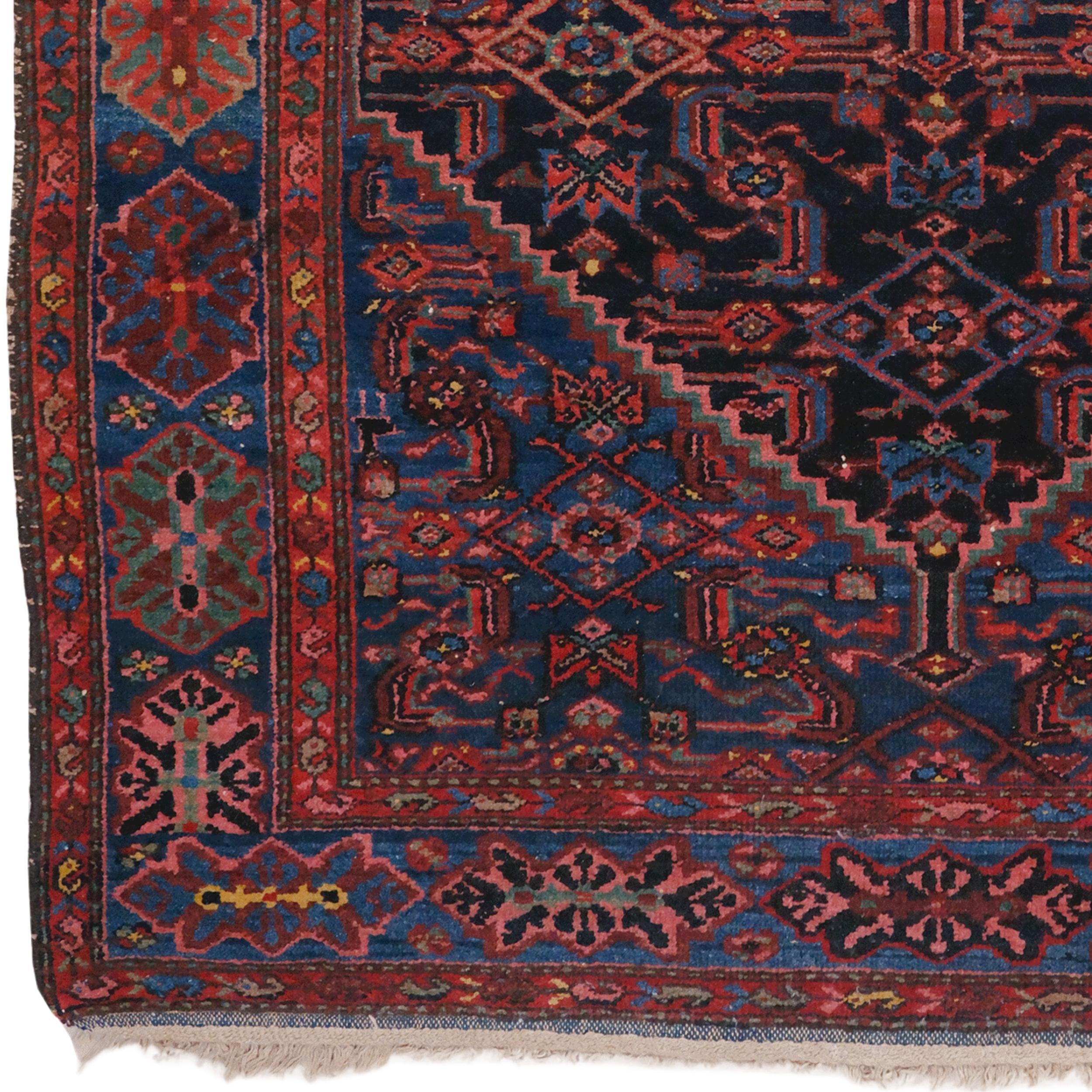 Questo magnifico tappeto Bidjar, che riflette la maestria dei tessitori curdi dell'Iran occidentale e che è stato pazientemente intrecciato con fitti nodi nel XIX secolo, è un pezzo di spicco. Conosciuti come 