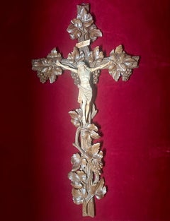 19th Century Antique Black Forest Carved Crucifix with Corpus Christi & Vines