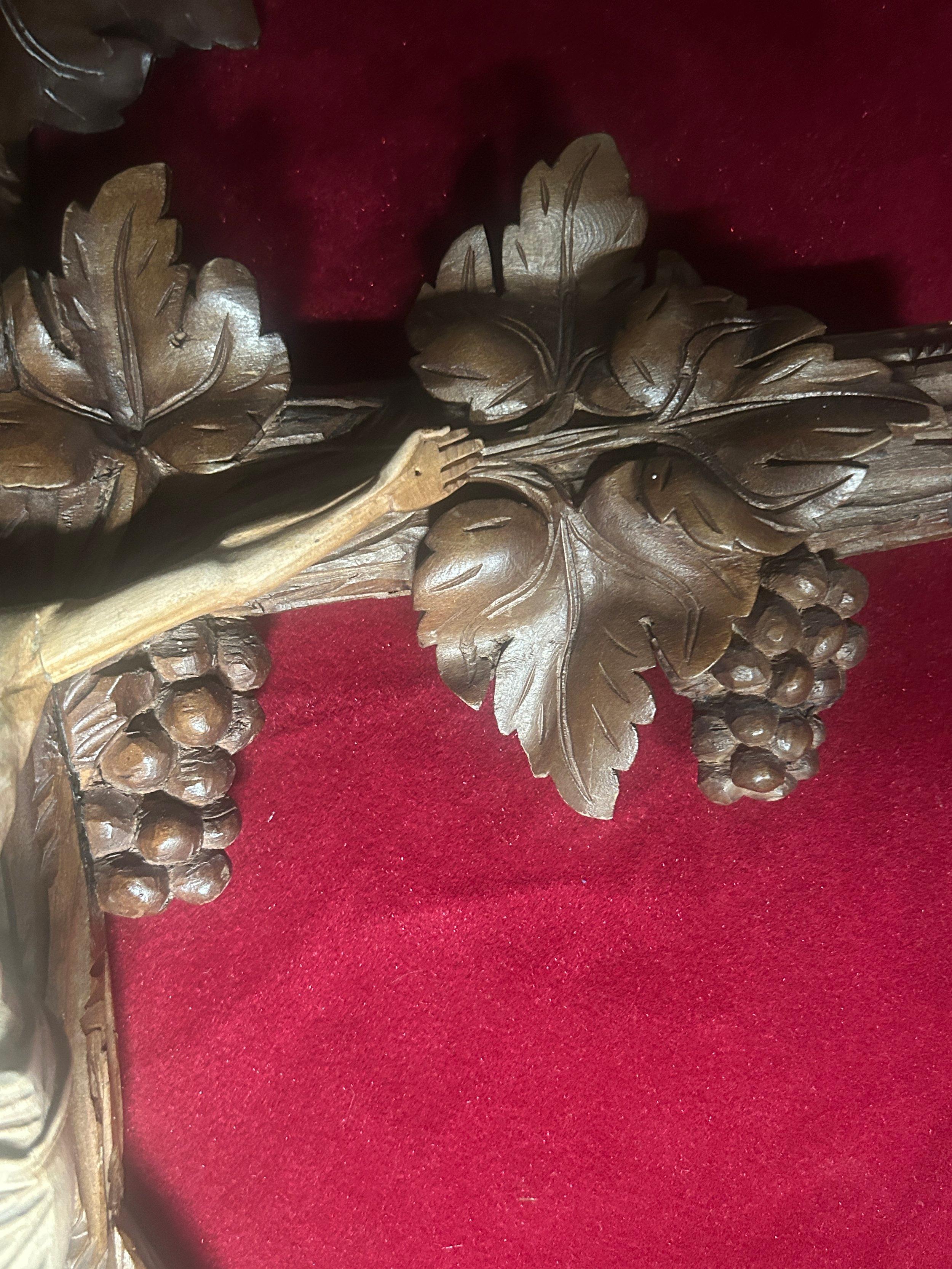 Late 19th Century 19th Century Antique Black Forest Carved Crucifix with Corpus Christi & Vines For Sale